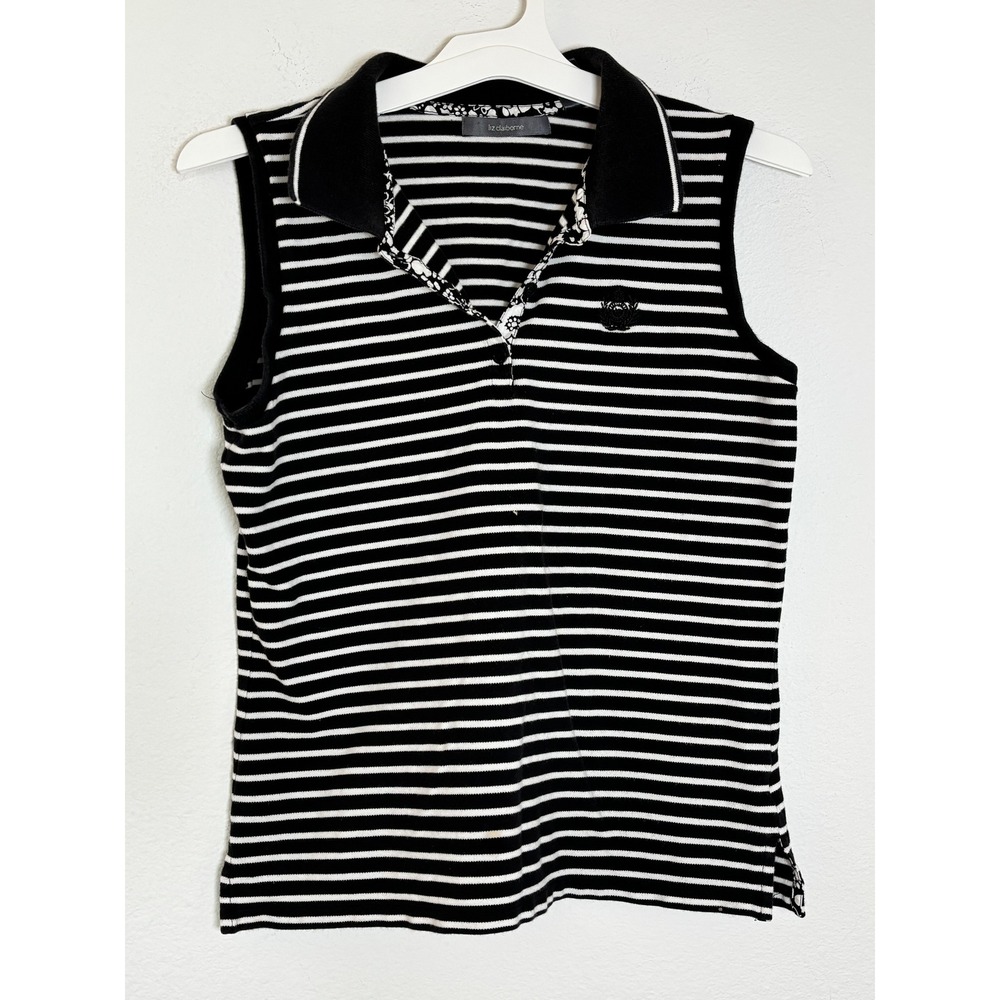 Liz Claiborne Sleeveless Polo Shirt Black White Striped Floral Trim Size M